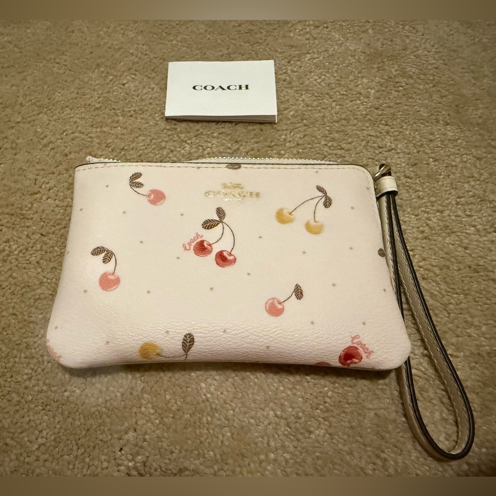 Coach Cherry Print Leather Zip Wristlet with Gold Logo